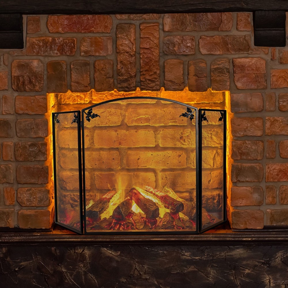 3 Panel Foldable Black Fireplace Screen Arched Fireplace Gate W/ Classic Leaf