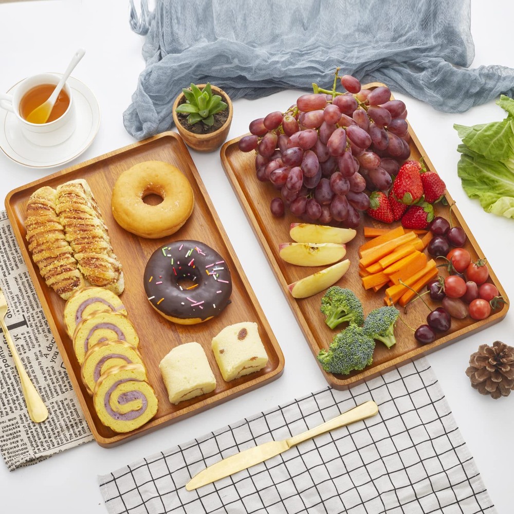 2 PCS Solid Acacia Wood Serving Trays Rectangular Wooden Serving Platters Nat...