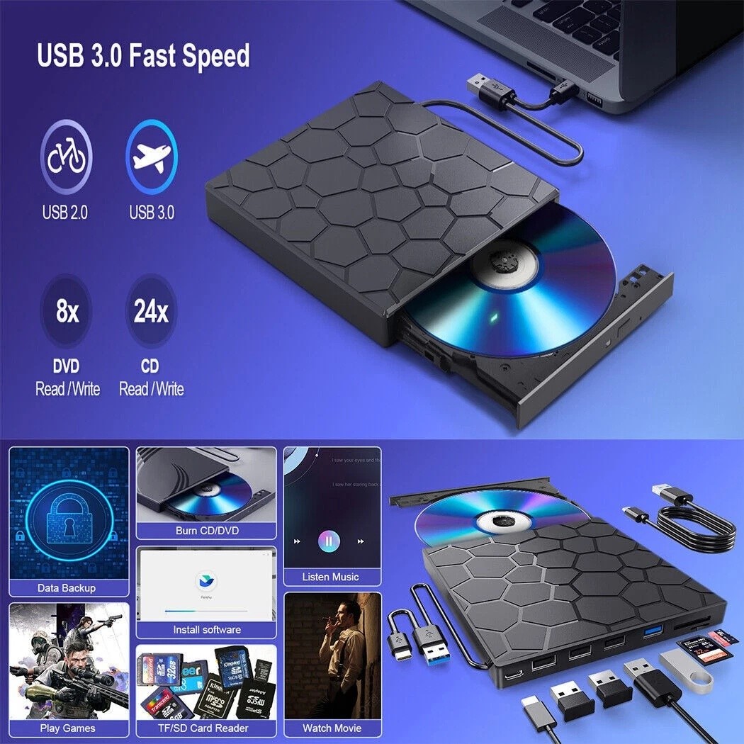 Slim External CD DVD RW Drive USB 3.0 Writer Burner Player Black For Laptop PC