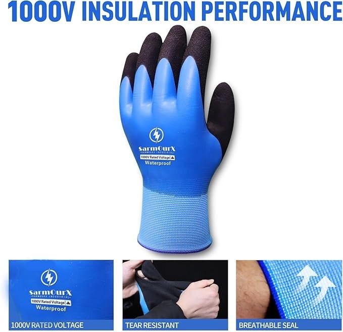 1000V High Voltage Electrical Gloves Insulated Rubber, Waterproof Non-Slip Palm
