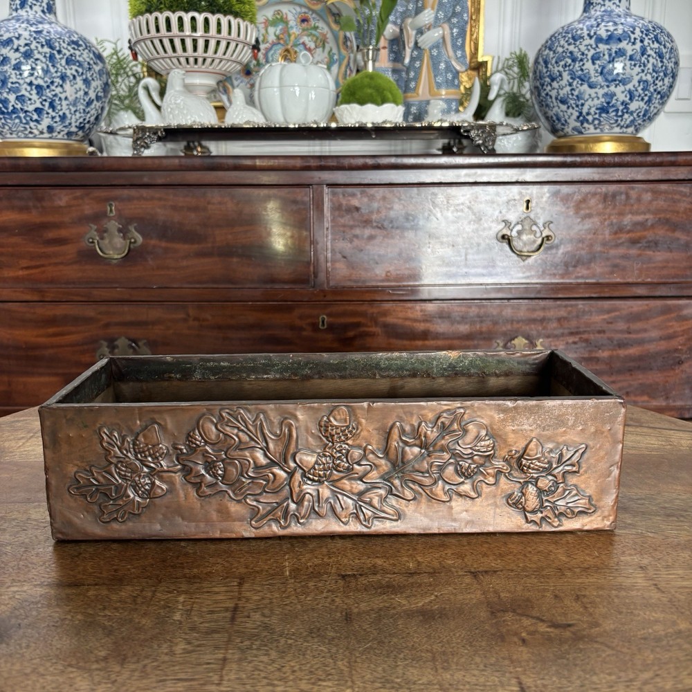 Vintage Distressed Copper Repousse Hammered Fruit Motif Rectangular Planter