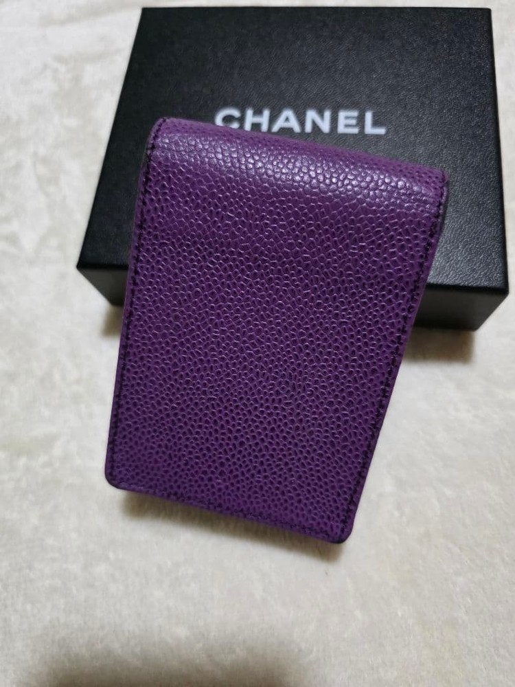CHANEL Purple Violet Cigarette Case Leather Coco Mark Snap Button Used