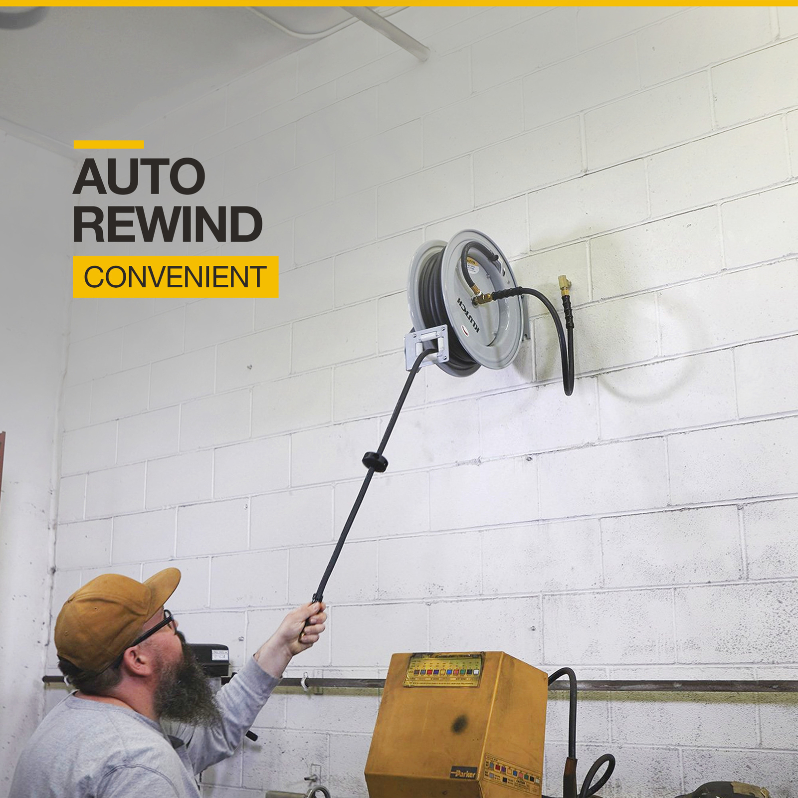 Klutch Auto Rewind Air Hose Reel with 1/2in. x 50ft. Rubber Hose, 300 PSI