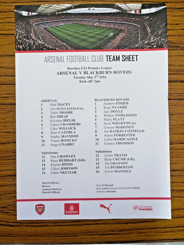Arsenal vs Blackburn Rovers Matchday  Programme/Teamsheet, 3/5/2016