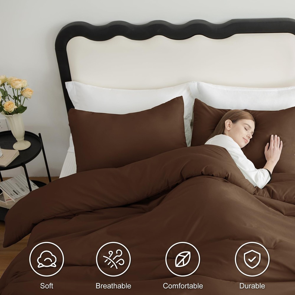 Queen Comforter Set Brown, 3 Pieces Solid Comforters Queen Size Breathable Qu...