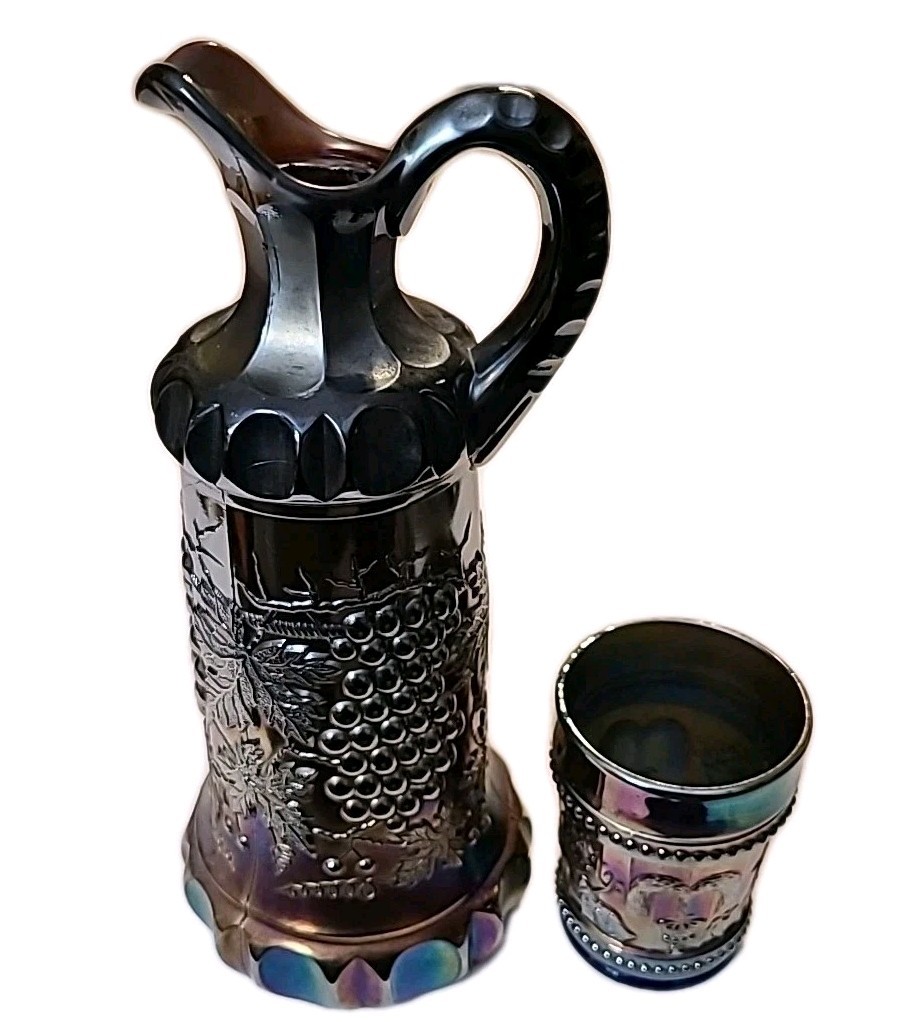 vtgNORTHWOOD CARNIVAL GLASS GRAPE & CABLE WHISKEY DECANTER & SHOT GLASS AMETHYST