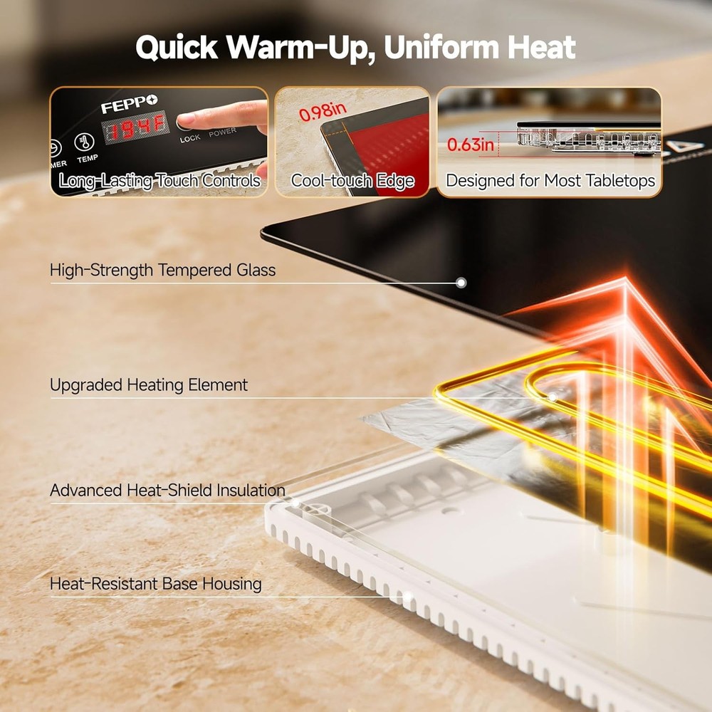 FEPPO Electric Warming Tray with Independent Temp & Timer Control, 2-in-1 Modula