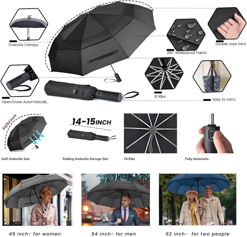 54" Folding Golf Umbrella, Double Canopy Windproof, Auto Open, Rain Gear