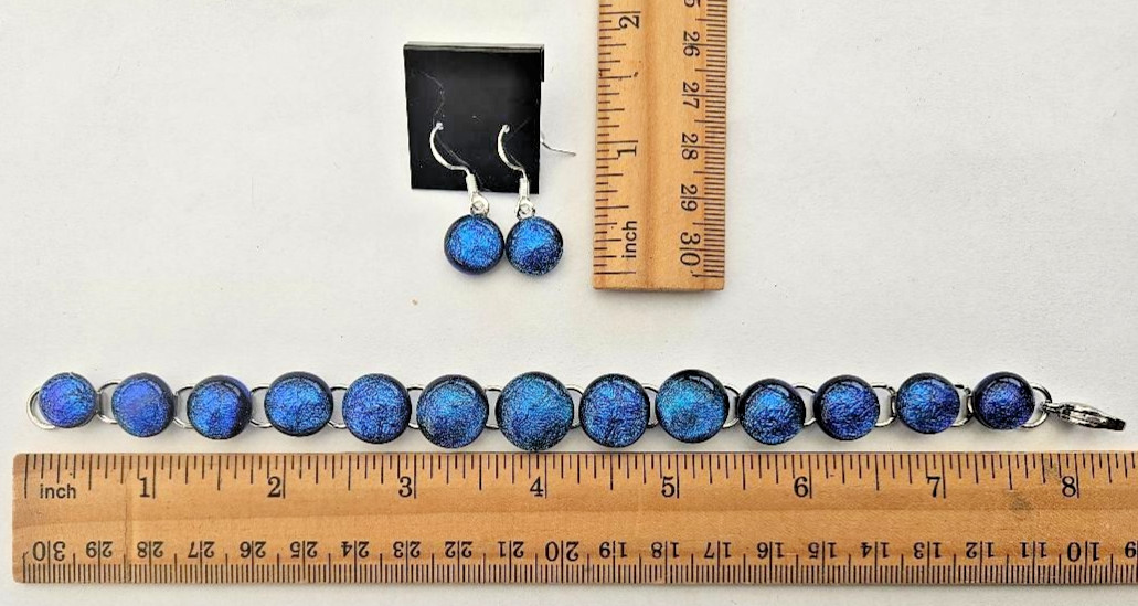 Handcrafted Teal Blue Dichroic Glass Cabochon Bracelet Set