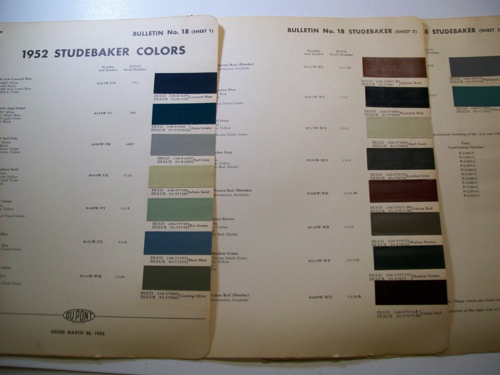 1952 Studebaker car auto DuPont Paint Chips set