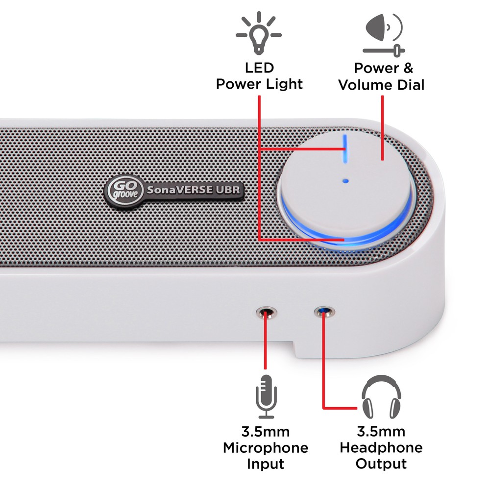 Computer Sound Bar Speaker (White) with Easy Access Headphone & Mic Jacks