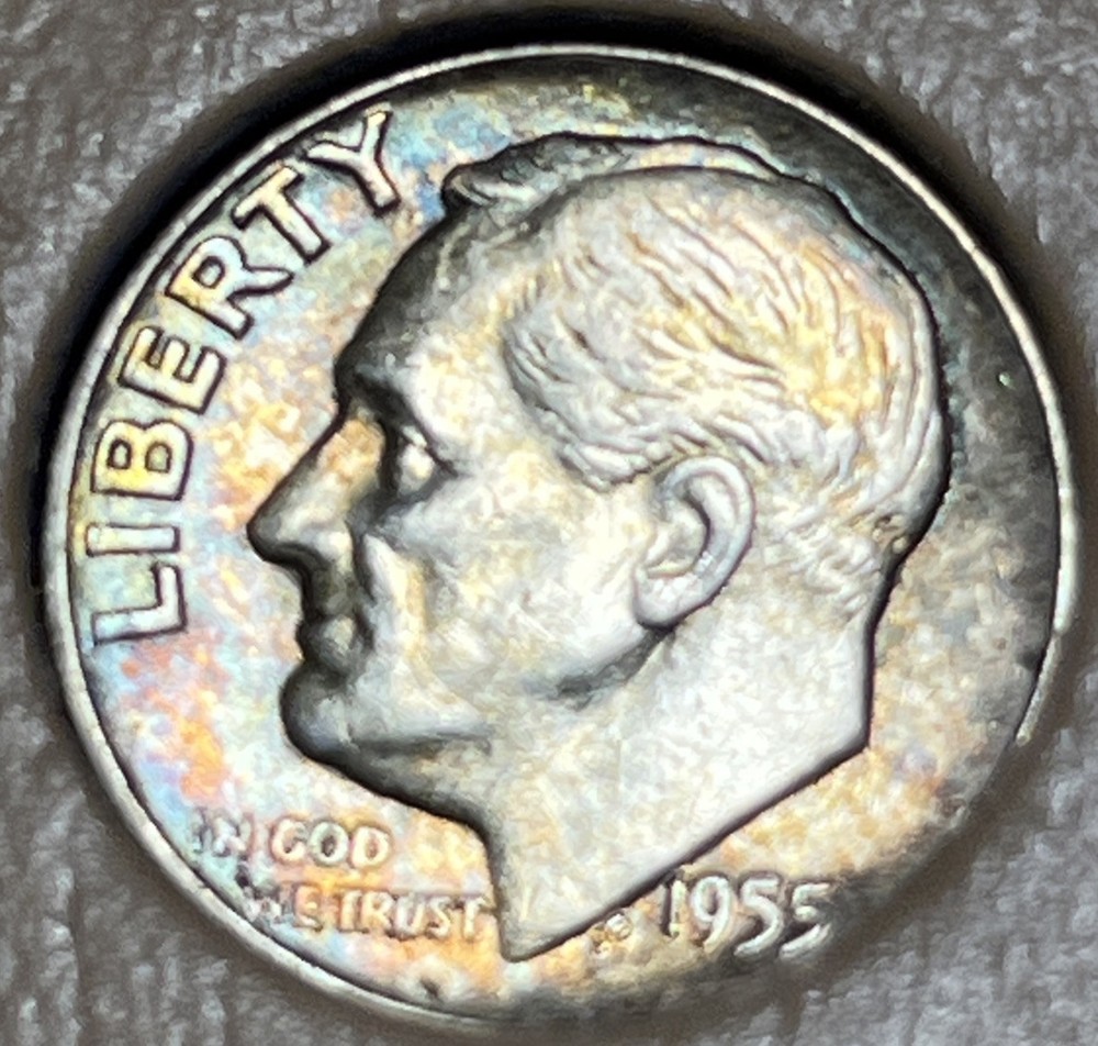 1955 D Roosevelt Silver Dime Rainbow Toning Uncirculated