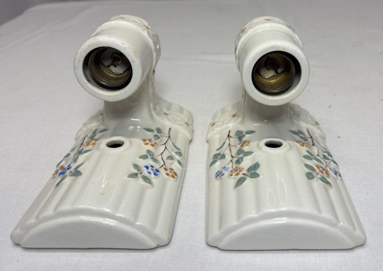 Vtg Porcelain Wall Sconce Pair Bathroom Light Fixture Floral Art Deco USA #L58