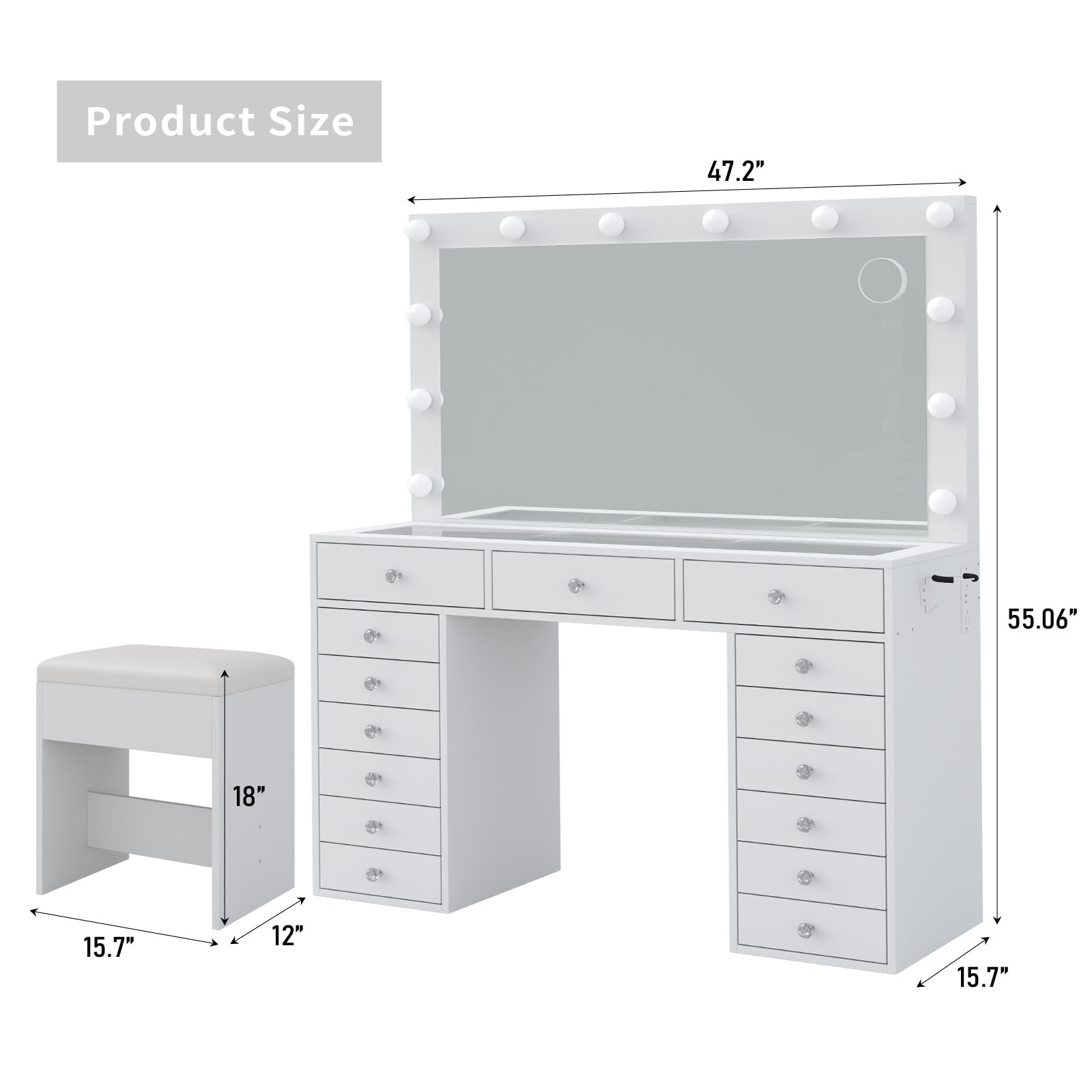 Makeup Vanity with Charging Station, 15 Drawers, HD Mirror, 12 LED Lights
