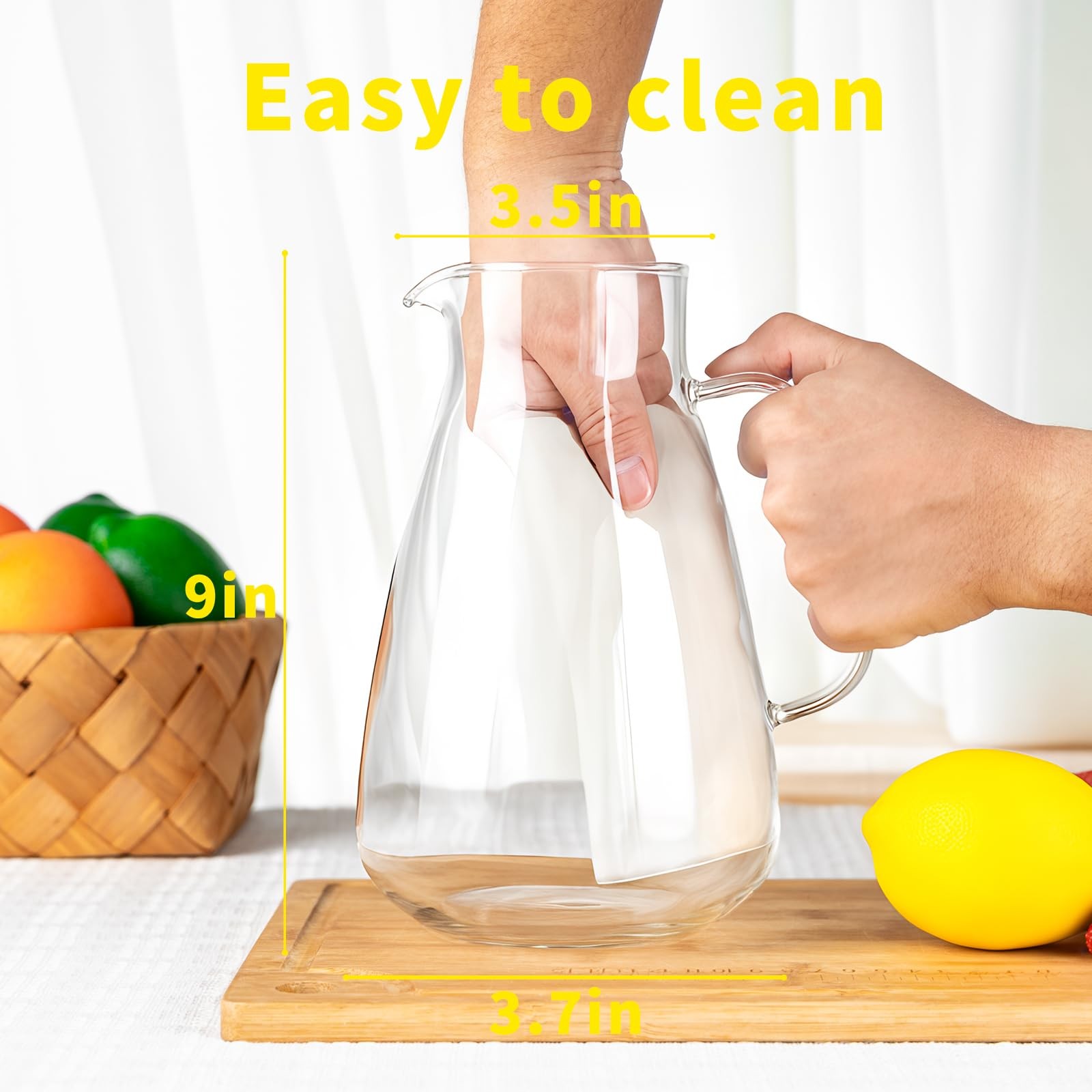 2 Liter 68 oz Glass Pitcher with Lid, Modern Design, Transparent, Leakproof, ...