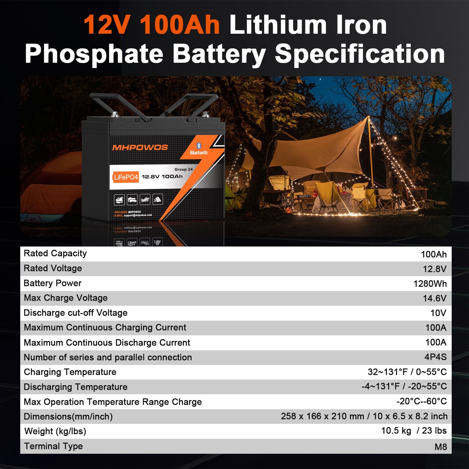MHPOWOS 12V 100Ah LiFePO4 Lithium Battery Bluetooth 100A BMS Low Temp Protection