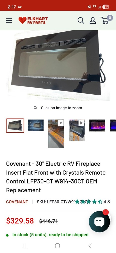 Covenant - 30" Electric RV Fireplace Insert Flat Front with Crystals