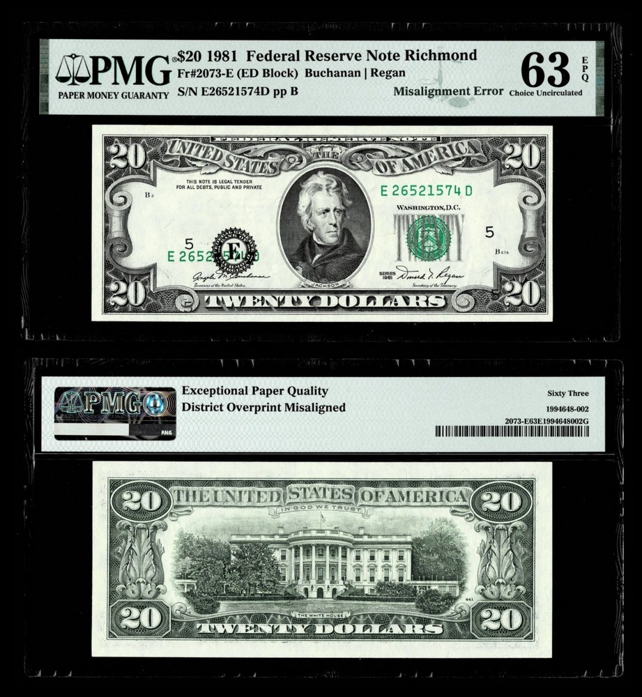 MISALIGMENT ERROR FR.#2073-E  1981 $20  FR Note, PMG 63 PPQ