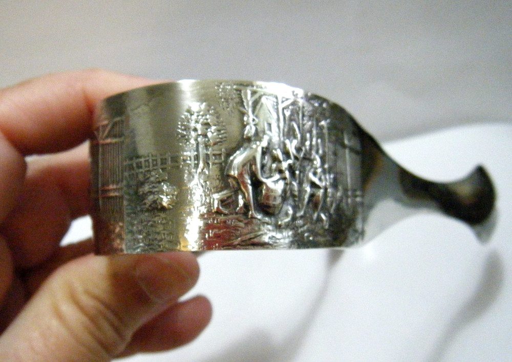 7" Large Vintage Hans Jensen Denmark Silver Plate Repousse Tavern Scene Tongs