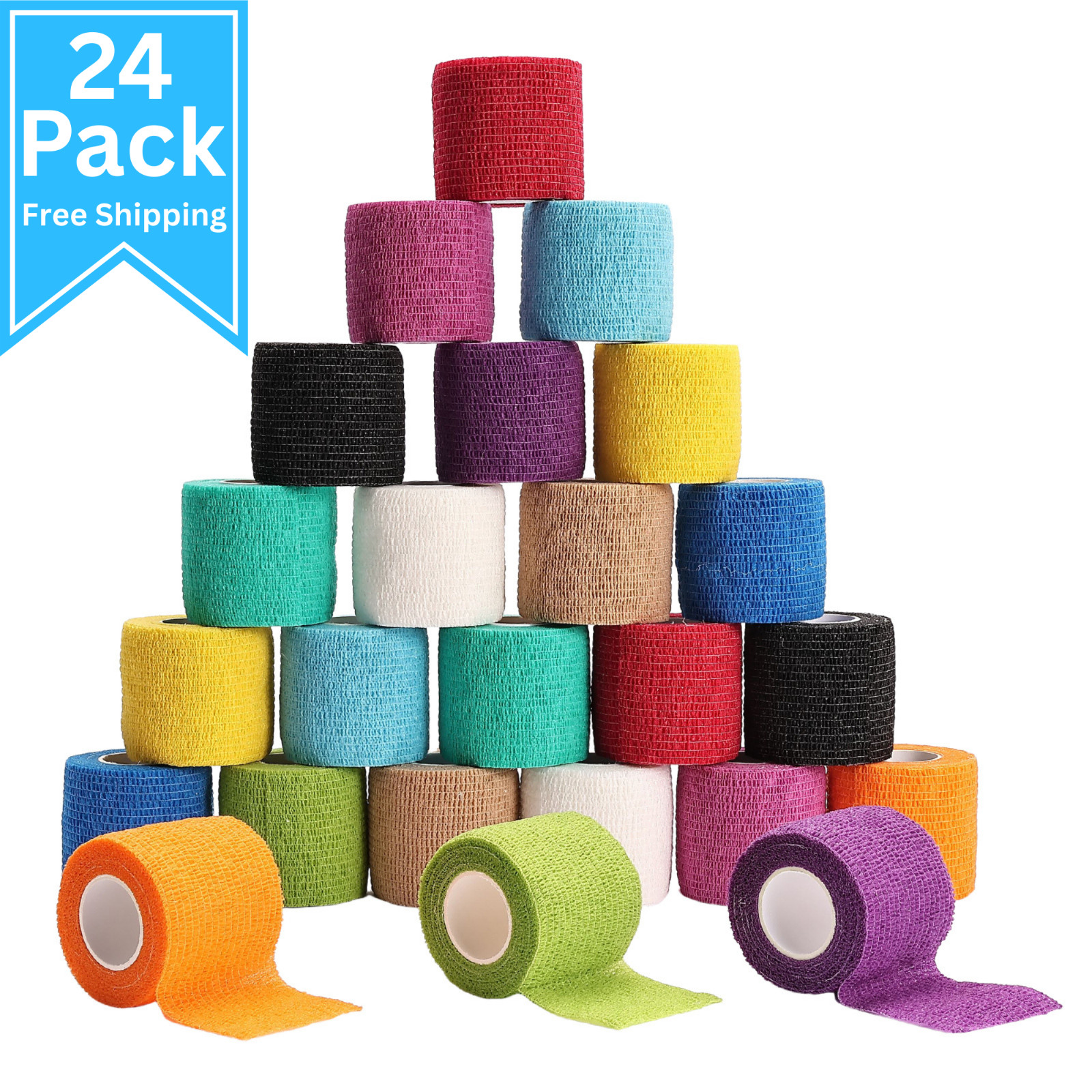 24 Count Self Adhesive Bandage Wrap 2" x 5 Yards (15 feet) Tape Multicolor