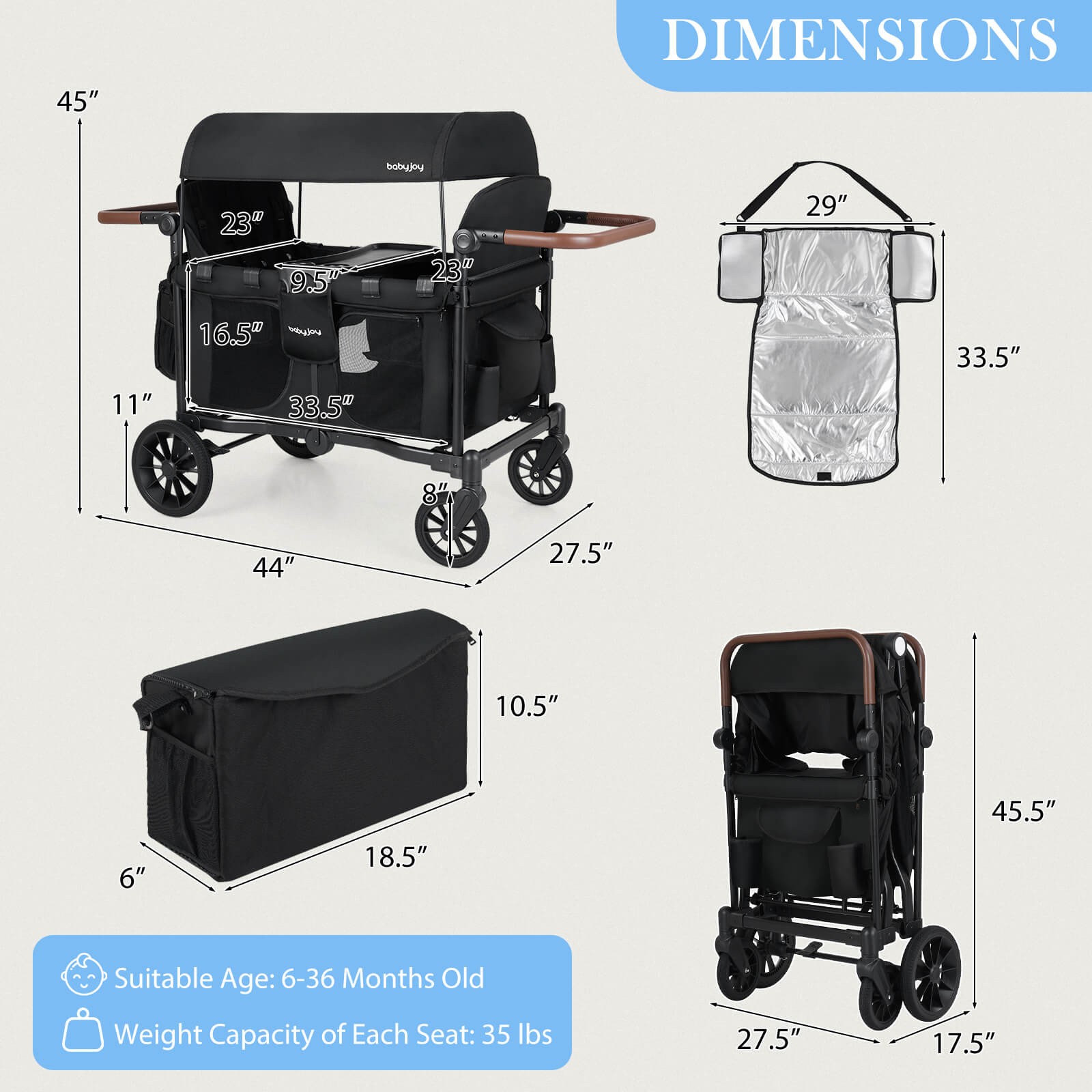 Wagon Stroller, Foldable 4-Seater Push-Pull Toddler Stroller w/Removable Canopy