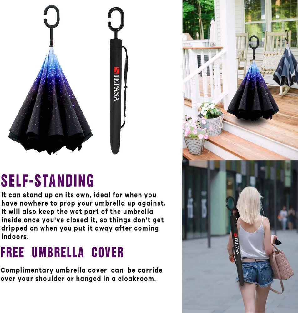 Inverted Reverse Upside Down Umbrella Double Canopy Vented Windproof Waterproof
