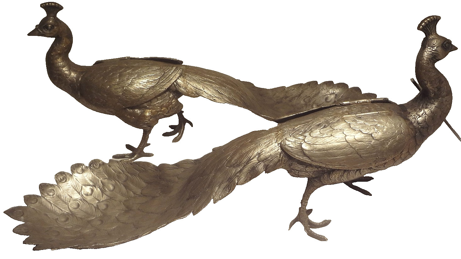 PR. ANTIQUE GERMAN SILVER full figure PEACOCK BON-BON serving TRAYS- HALLMARKED