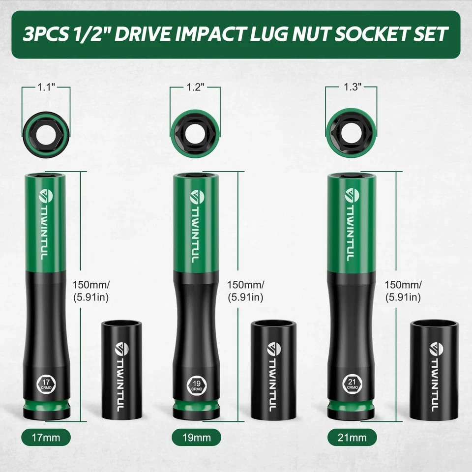 1/2" Extra Long Lug Nut Socket Set, 6Pcs Non-Marring Wheel Protector Impact D...