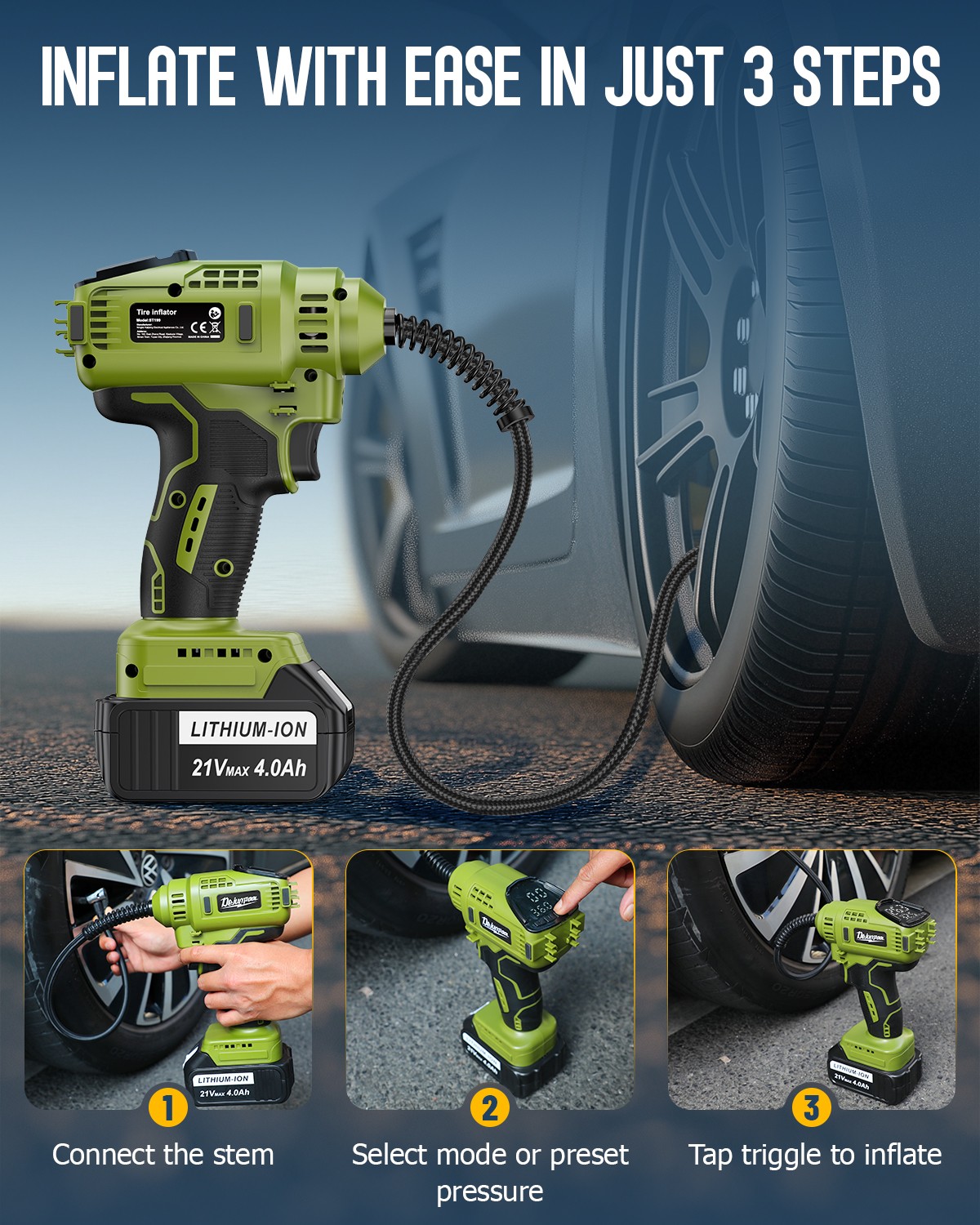 Cordless Tire Inflator Air Compressor with 2PC 21V Max Battery 150PSI Portable