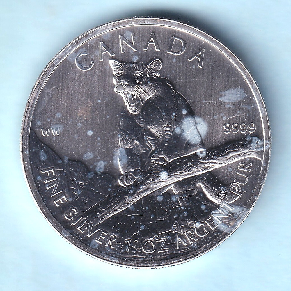 Canada. 2012 1 oz Silver - 5 Dollars.  Cougar. UNC