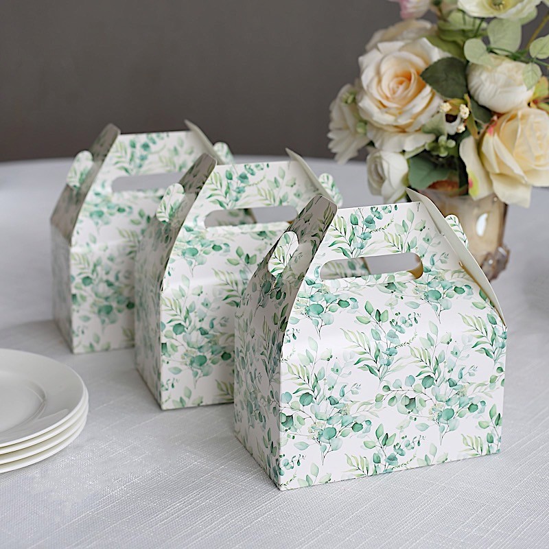 25 WHITE GREEN Tote Party Favor BOXES Floral Printed Candy Gift Holders Events