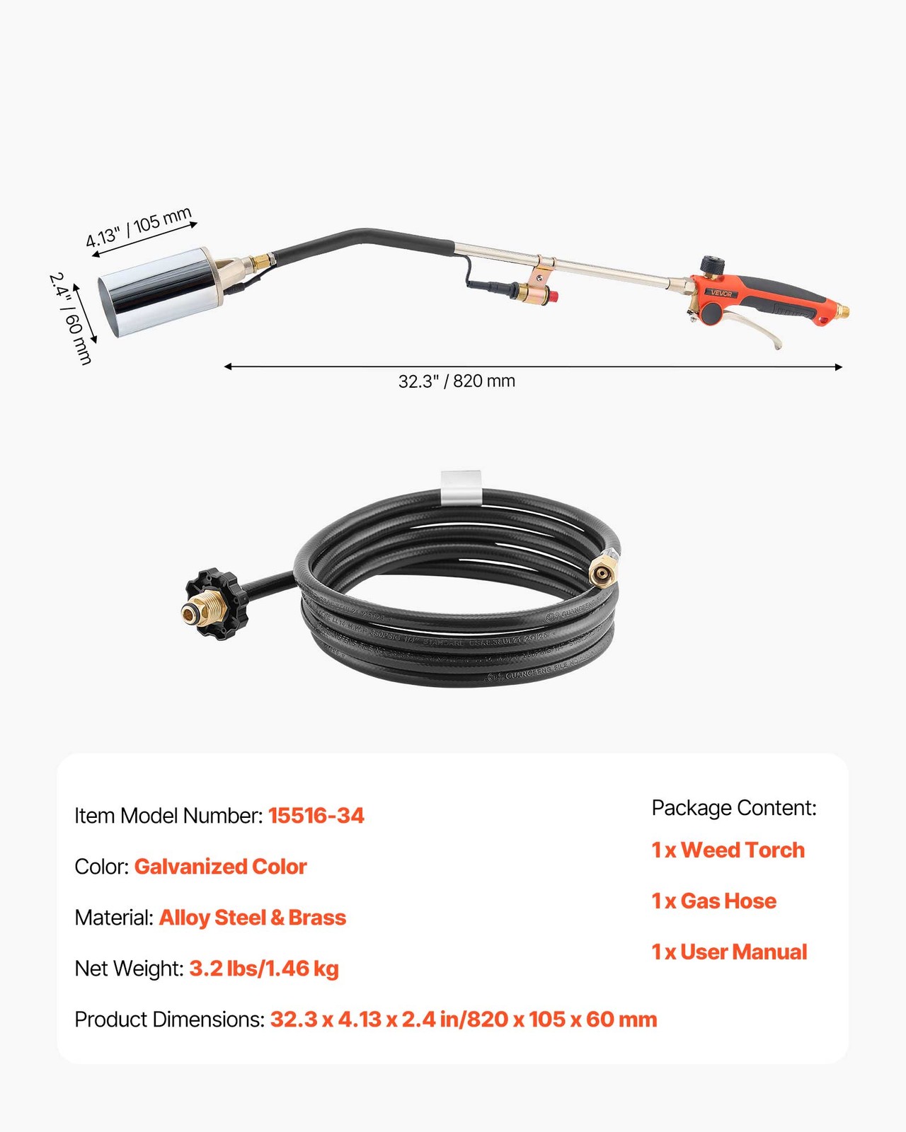 VEVOR Propane Weed Torch Burner Ice Snow Melter 2400000 BTU 10 ft Hose Portable