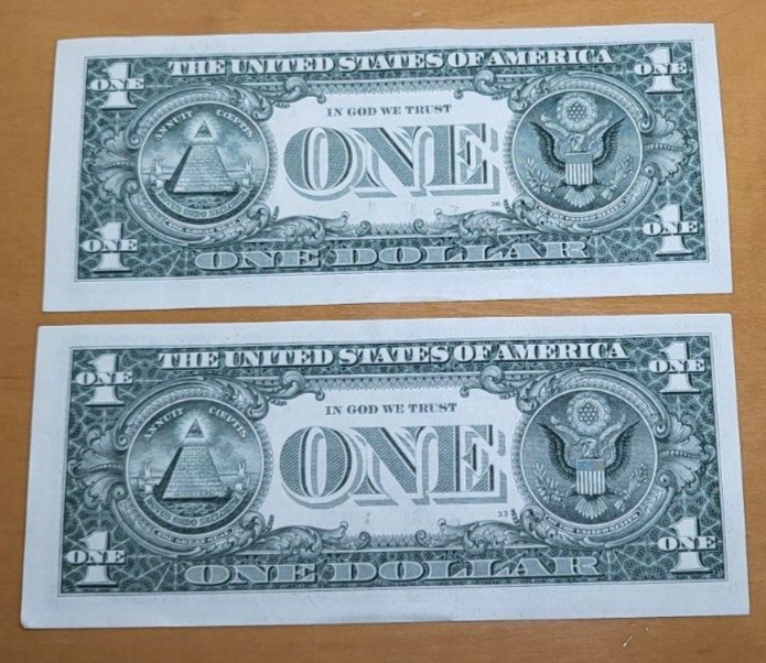 Two One $1 Dollar Bill Error Misaligned Front Thin Left Margins