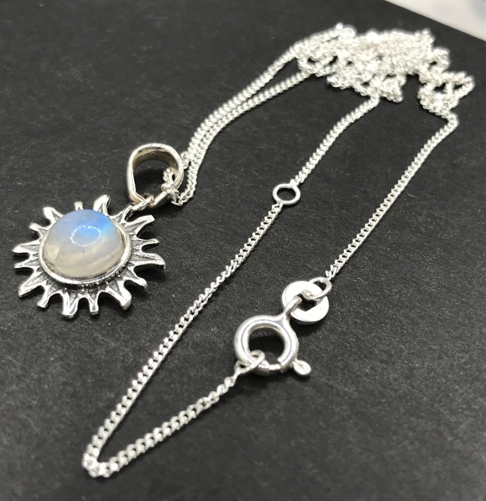 Rainbow moonstone pendant earrings set, solid Sterling silver, sun, gift box.
