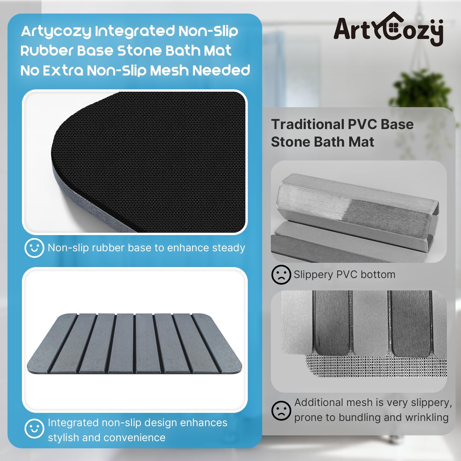 ArtyCozy Large Foldable Stone Bath Mat 28×17 with Non-Slip Rubber Base, Super...