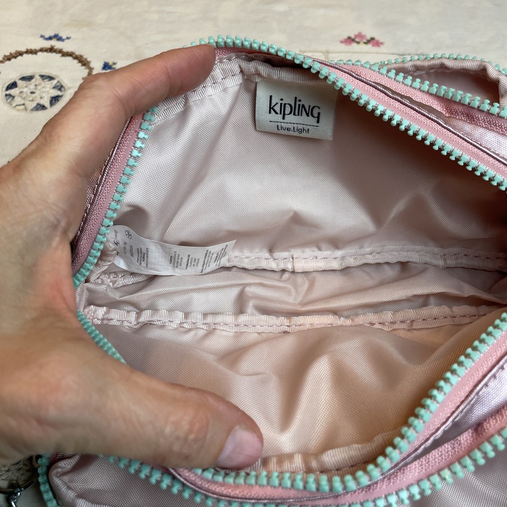 Kipling Gitroy Metallic Pencil Case Pink With Green Trim
