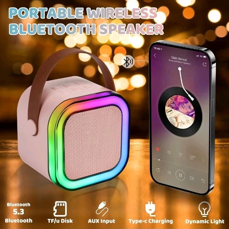 Wireless Mini Karaoke Machine 2 Microphones Bluetooth Speaker Lights