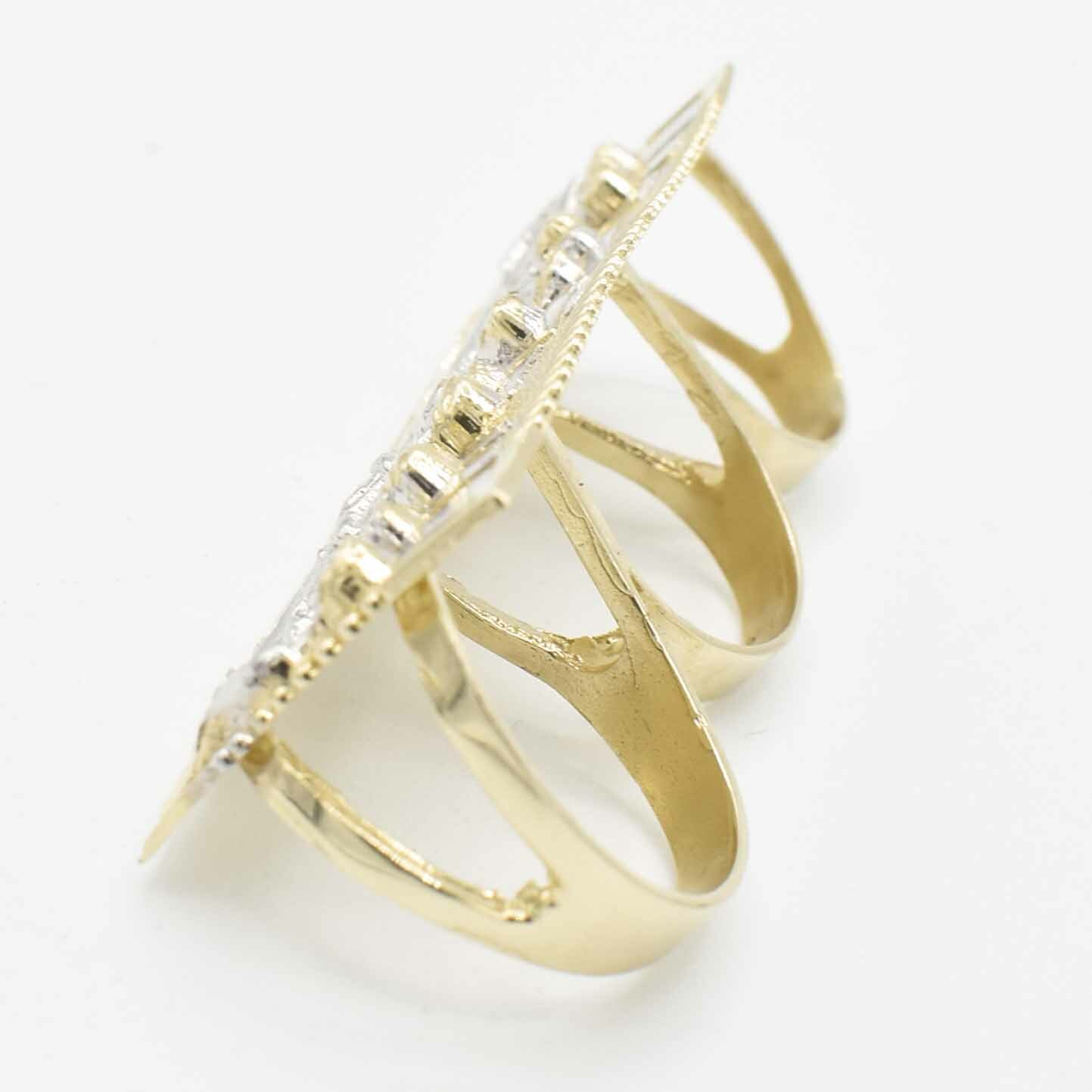 Diamond Cut Last Supper Three Finger Ring Real Solid 10K Yellow White Gold