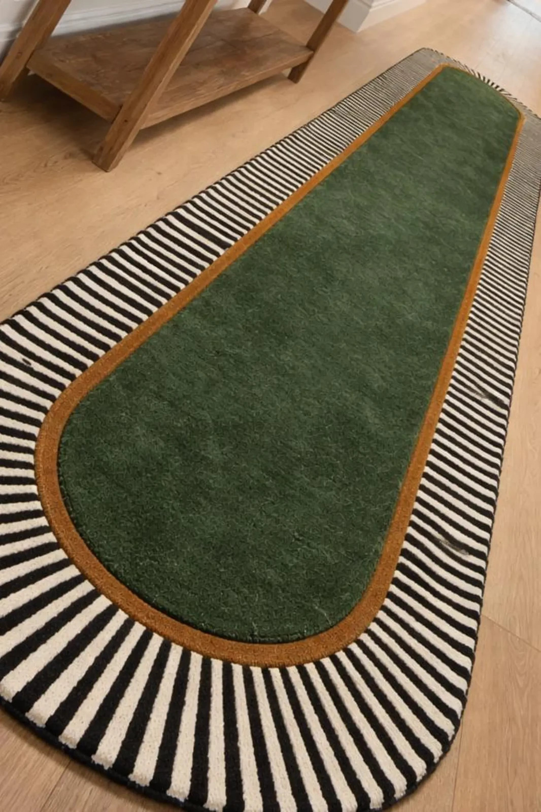 Hand-Tufted Modern Runner Carpet with Green Center & Striped Border