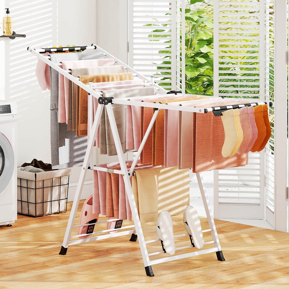 Foldable Metal Laundry Drying Rack w/Height Adjustable Wings, 18 Drying Rails