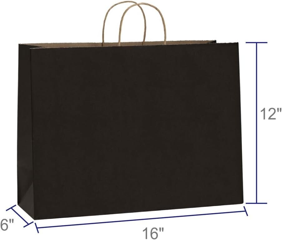Paper Shopping Bags 50 Black Kraft 16" x 6 x 12" Retail Merchandise Handles