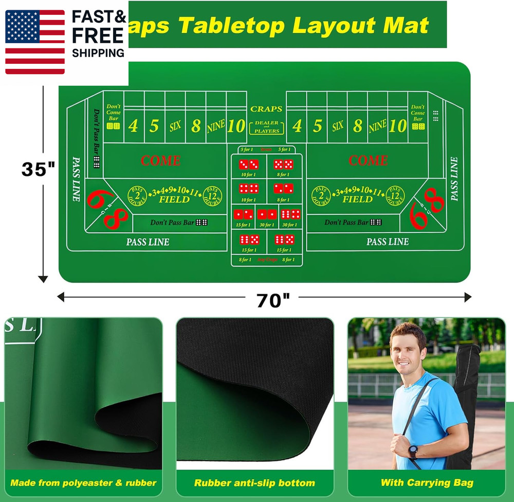 Craps Tabletop Game Set, Includes 35" X 70" Rubber Craps Tabletop Layout Mat, 36