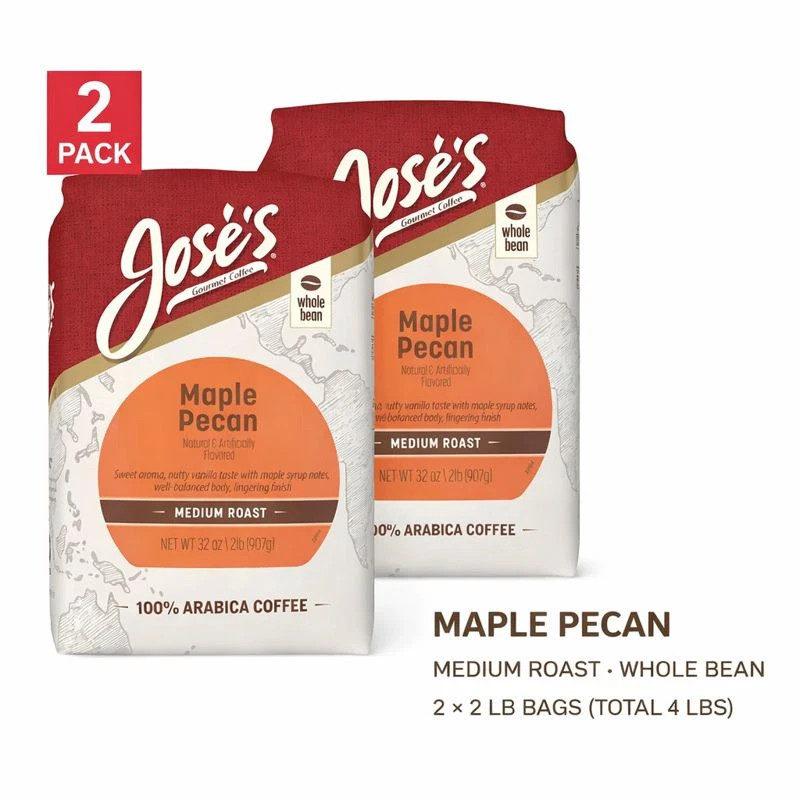 Jose's Maple Pecan Whole Bean Coffee, Medium, 2 lbs., 2-pack