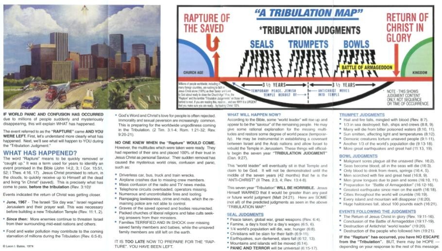 A TRIBULATION MAP by Leon Bates, 1974. New Pack of 100 Brochures / Tracts.