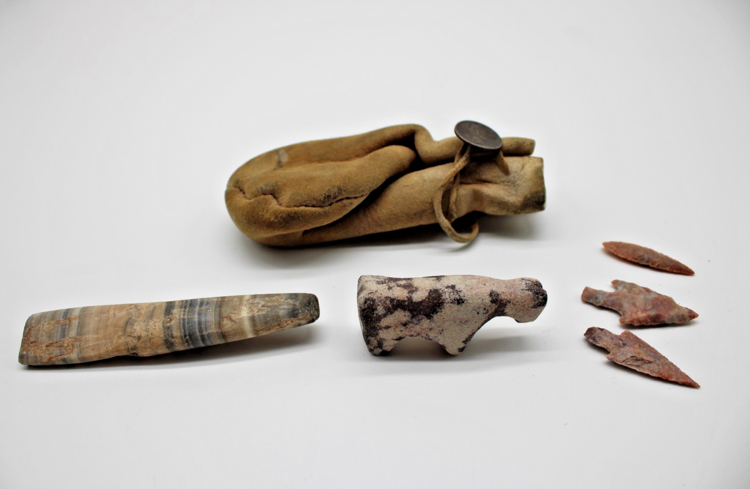 Early  Native Zuni Stone Horse Fetish Set With Silver Mercury Dime Bag