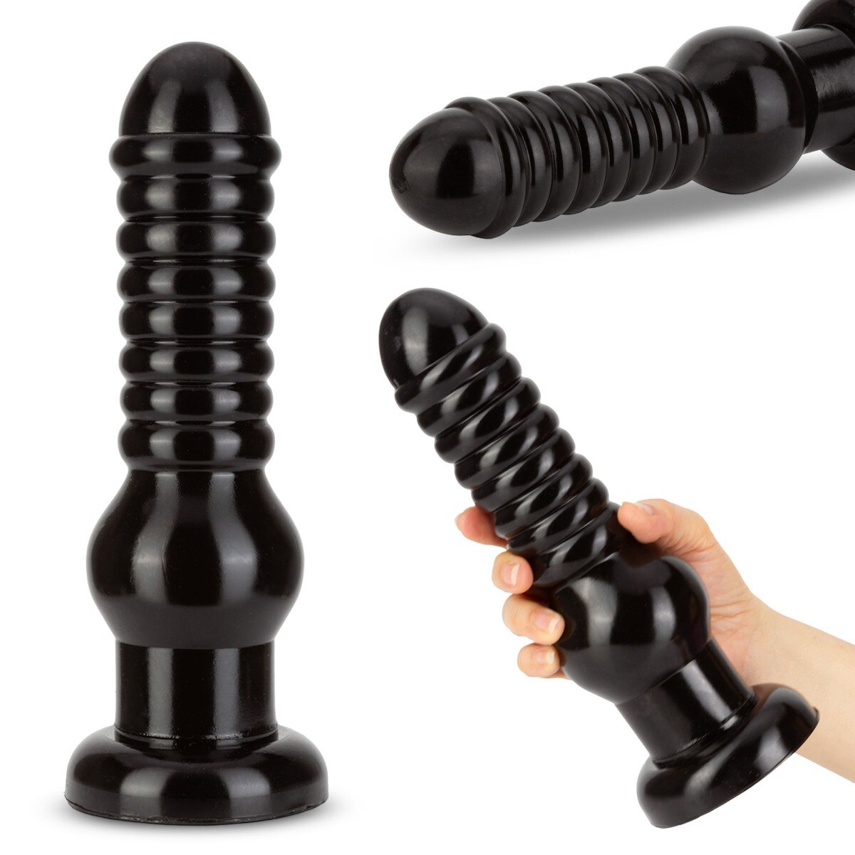 Huge 9.5" XL Black Ribbed Anal Training Stretching Dildo Butt Plug Anal Sex Toy