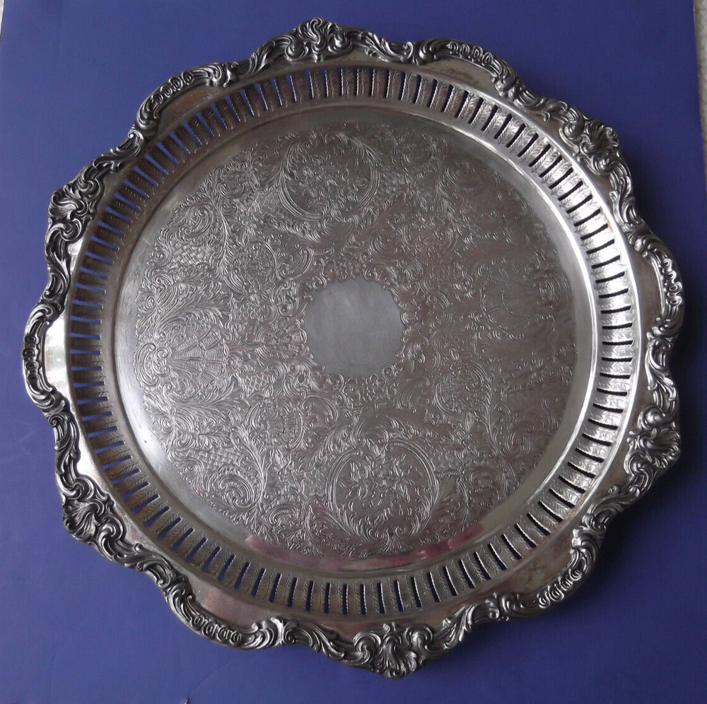 Coronet Silver on Copper 16-1/2" Reticulated Round Footed Silverplate Tray