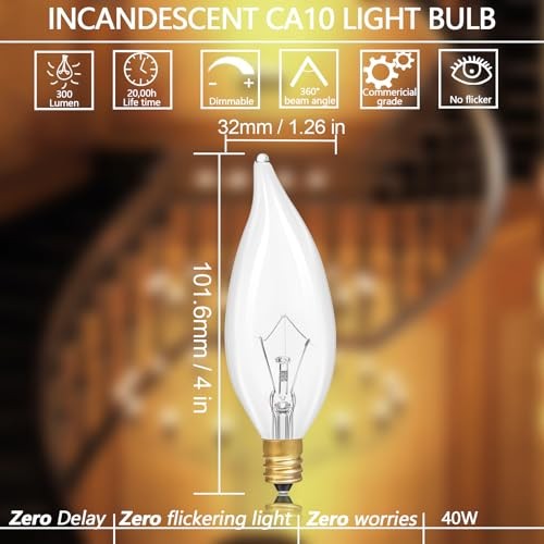 E12 Incandescent Light Bulbs 40Watt Warm White 2700K, 300 Lumens 40W-12Pack
