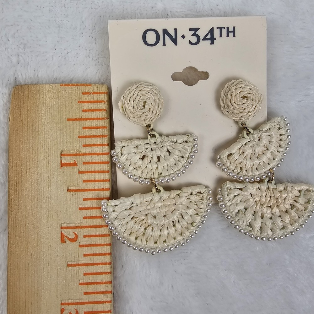 On 34th White Woven Statement Earrings Boho Raffia Beaded