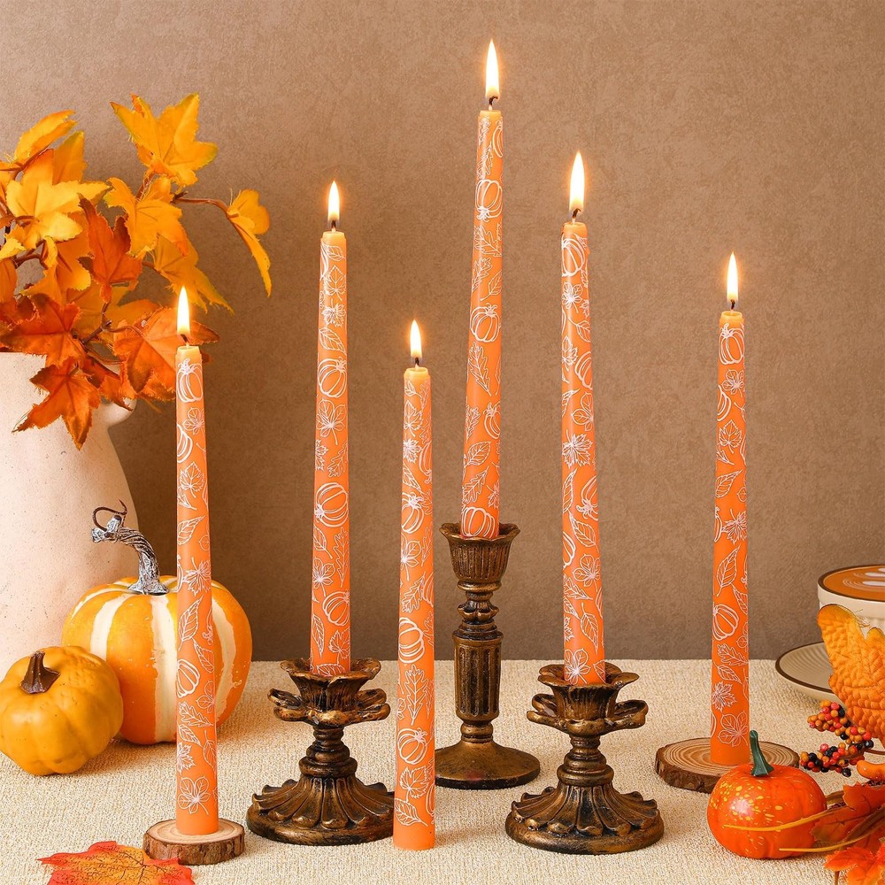 Conelist 6 Pcs Orange Fall Taper Candles 10'' Thanksgiving Taper Candlesticks...